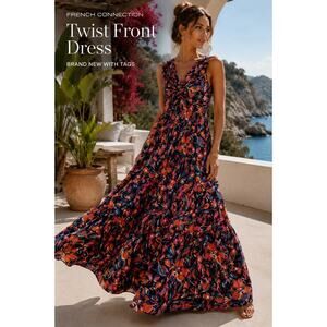 French Connection Twist Front Floral Maxi Dress Multicolor Sleeveless Resort NWT
